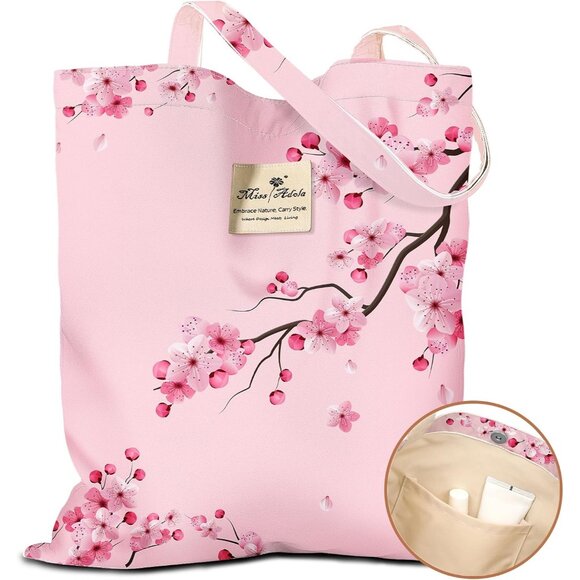 Handbags - Chic Peach Blossom Cotton Tote Bag - Stylish & Spacious with Pocket & Buckle